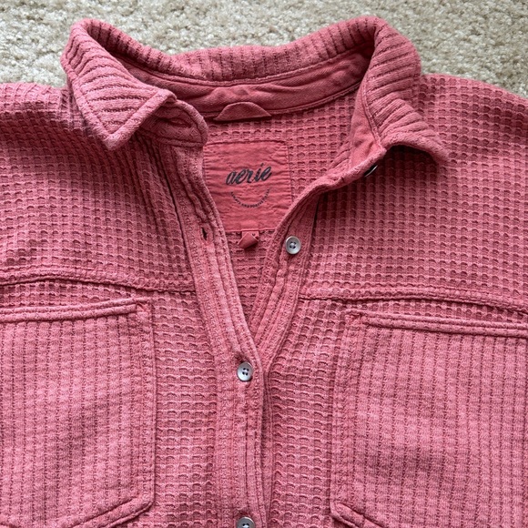 Aerie Lumberjane Waffle-knit Button-down, size medium, pink/rust - Picture 2 of 6